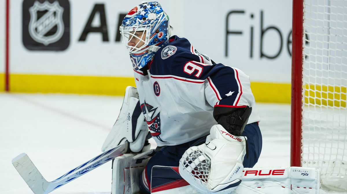 Columbus Blue Jackets goalie Elvis Merzlikins (90) stretches in the second period against the Ottawa Senators at the Canadian Tire Centre.