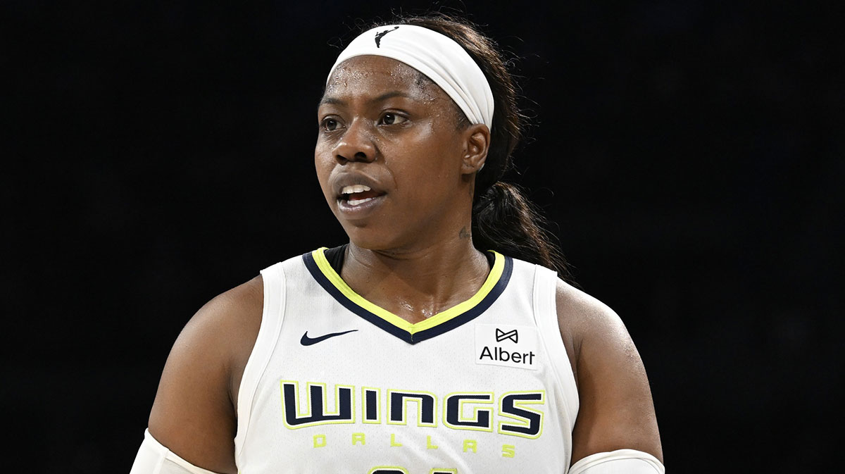 Dallas Wings guard Arike Ogunbowale (24) looks on against the Las Vegas Aces in the fourth quarter of their game at Michelob Ultra Arena.