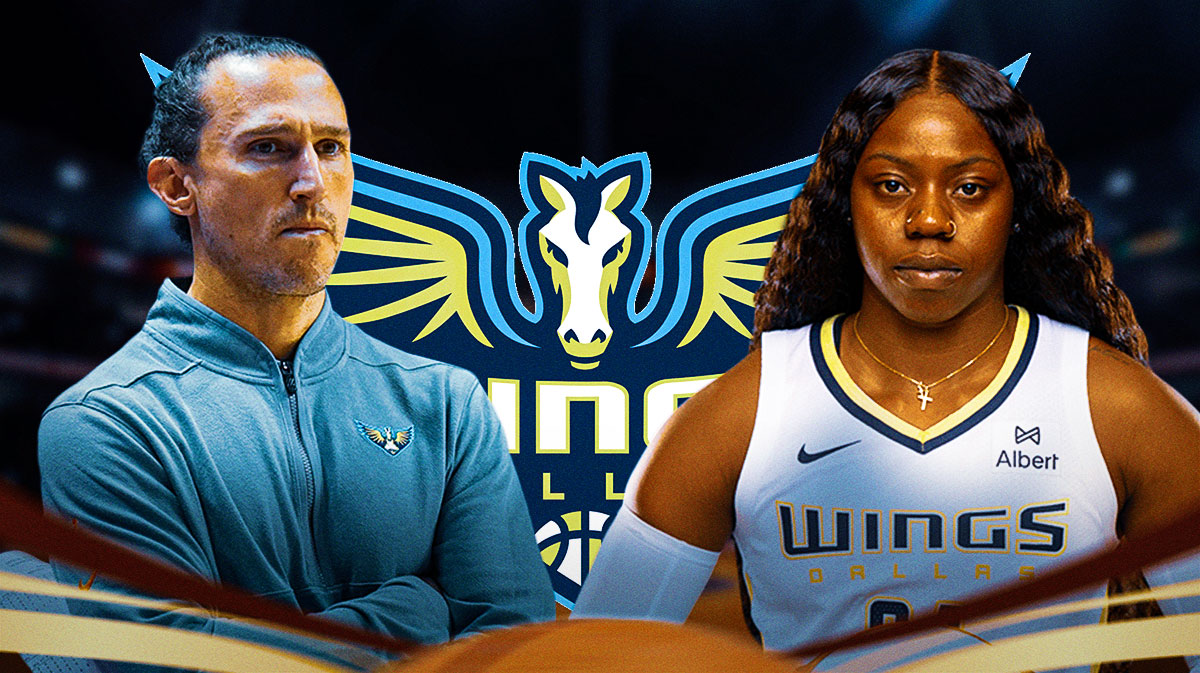 Wings Arike Ogunbowale and Wings Chris Koclanes both looking serious. Dallas Wings 2025 logo in background.