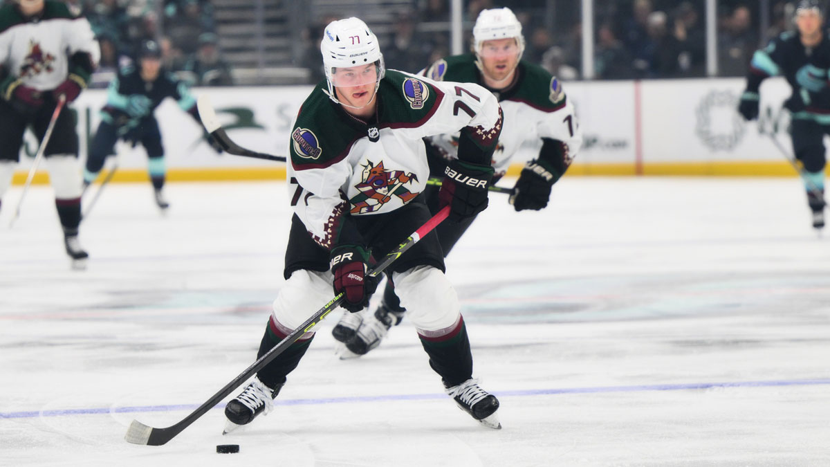 Arizona Coyotes defenseman Victor Soderstrom (77) during the game against the Seattle Kraken at Climate Pledge Arena.