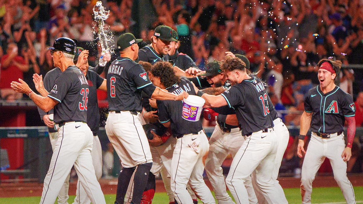 A general view as the Arizona Diamondbacks team celebrates a ninth inning come back to beat the San Diego Padres 8-7 at Chase Field.