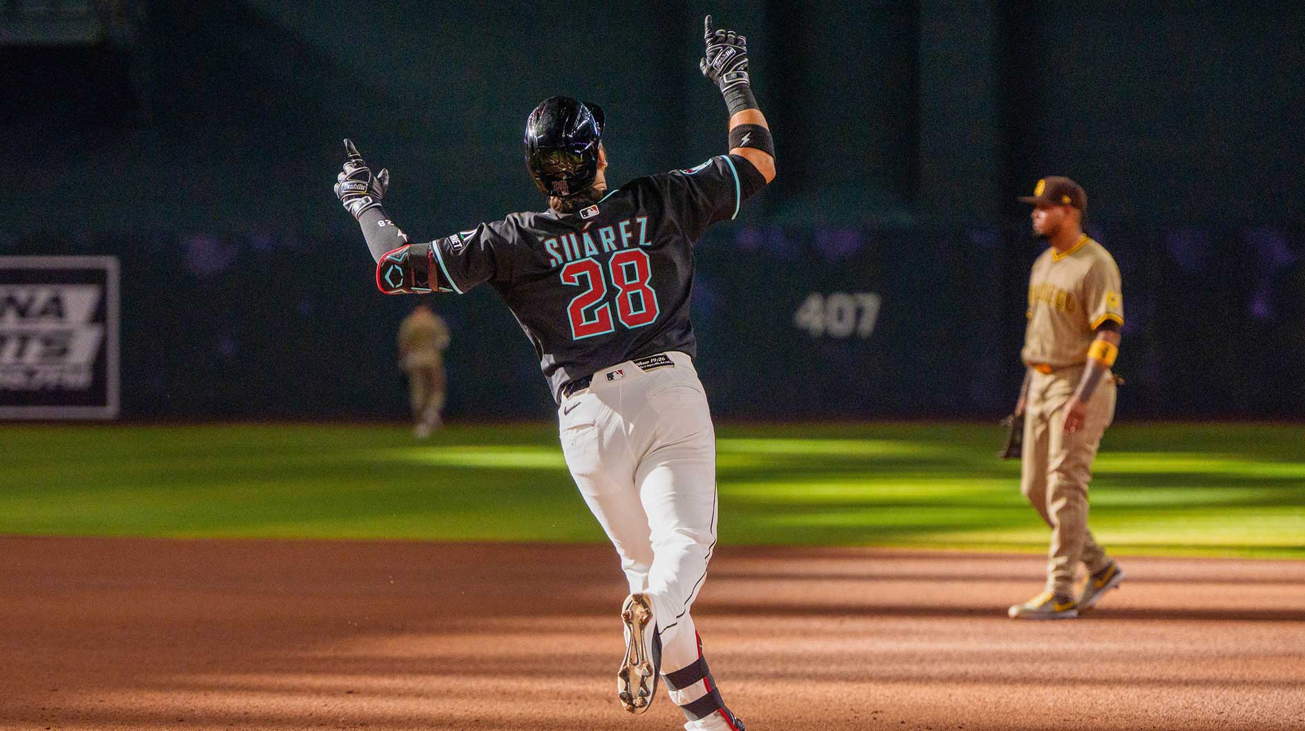 Arizona Diamondbacks infielder Eugenio Suarez (28) celebrates after hitting a home run in the fourth inning against the San Diego Padres at Chase Field. Goldschmidt Schlitter