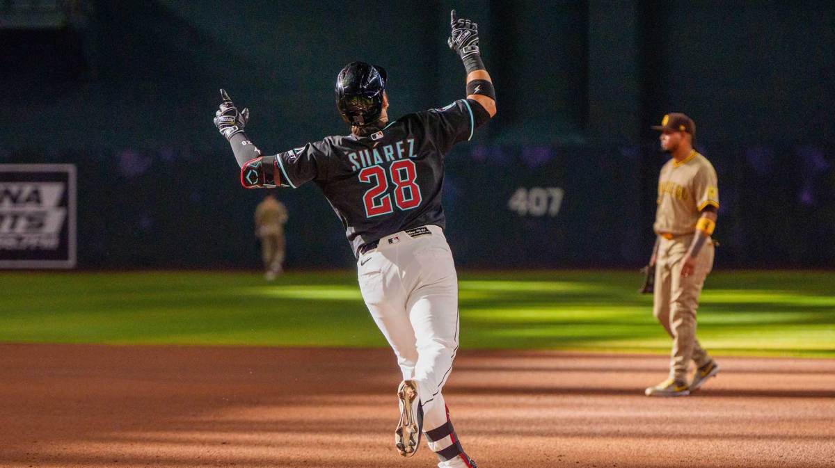 Arizona Diamondbacks infielder Eugenio Suarez (28) celebrates after hitting a home run in the fourth inning against the San Diego Padres at Chase Field. Goldschmidt Schlitter