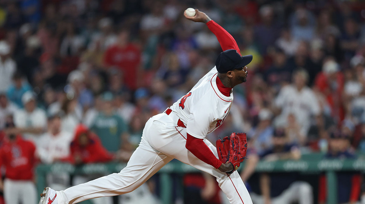 Boston Red Sox relief pitcher Aroldis Chapman (44) delivers a pitch during the ninth inning against the Tampa Bay Rays at Fenway Park.