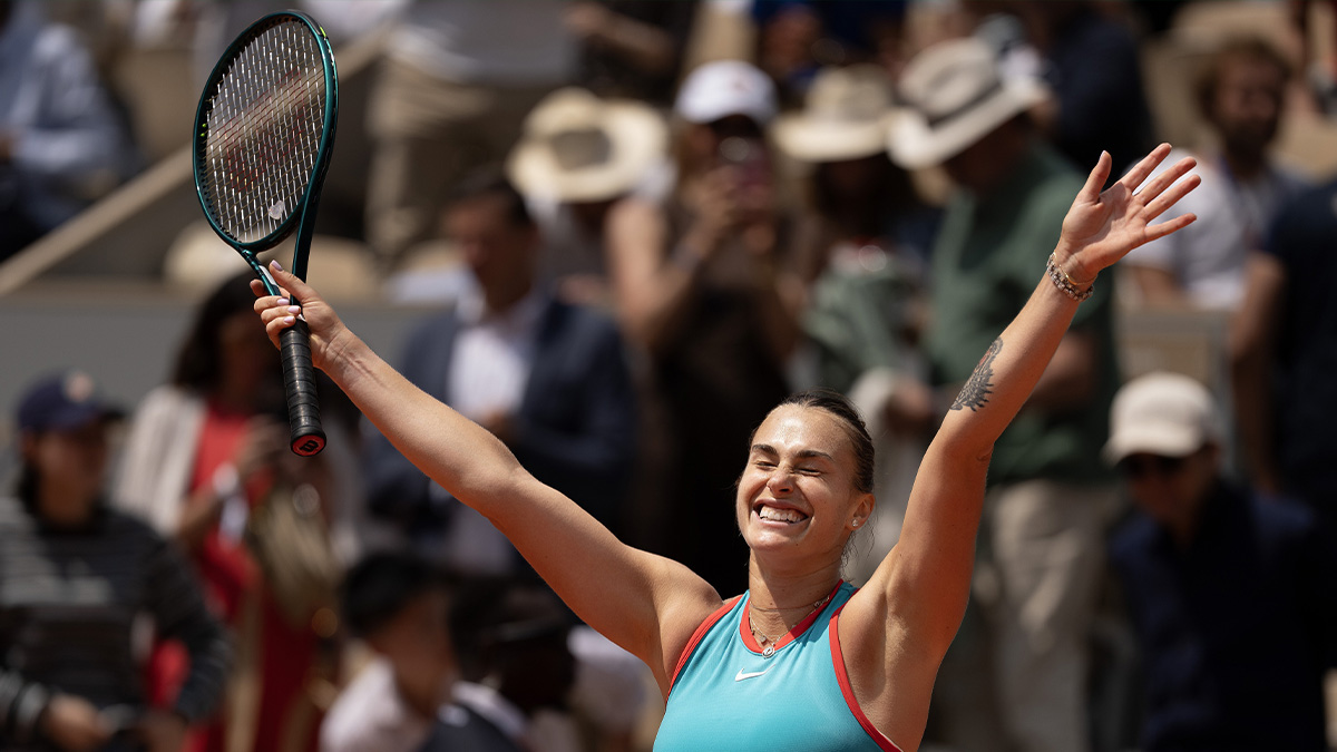 Aryna Sabalenka celebrates winning her match against Qinwen Zheng of China on day 10 at Roland Garros Stadium.