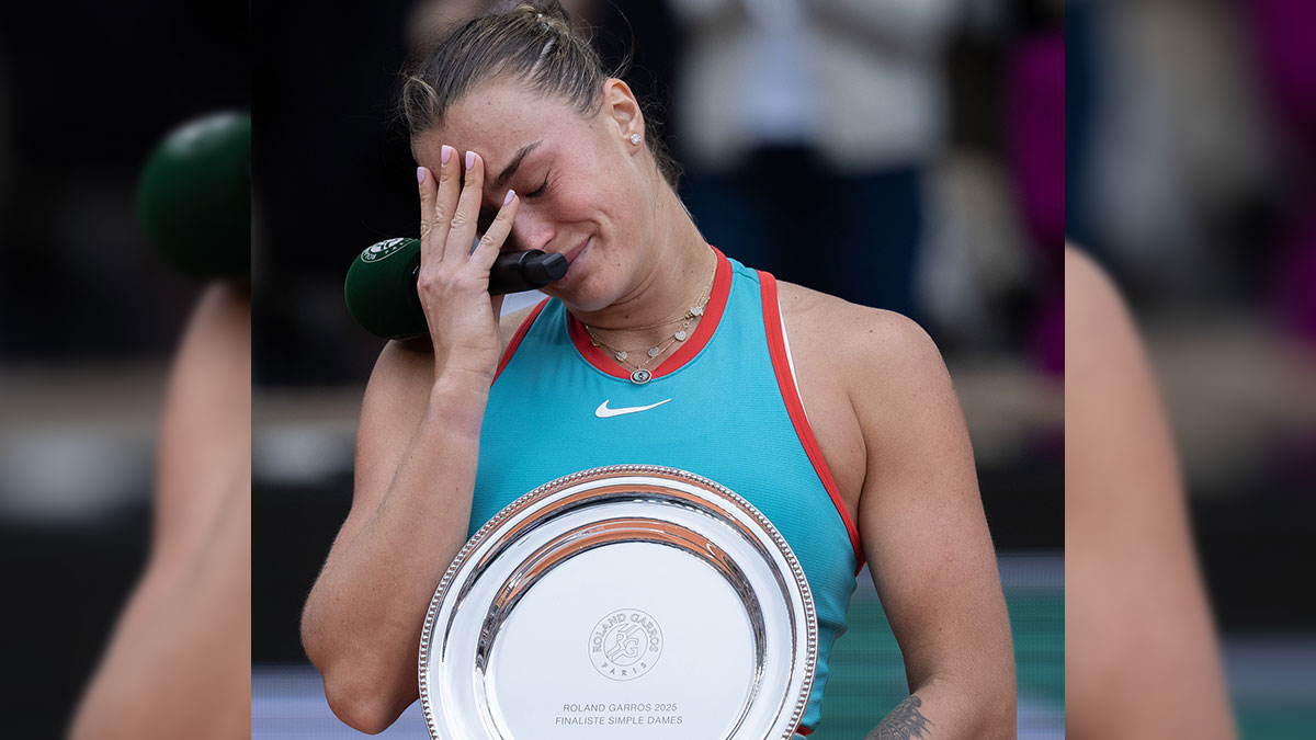 Aryna Sabalenka at the trophy presentation after losing the women’s singles final to Coco Gauff of the United States on day 14 at Roland Garros Stadium.