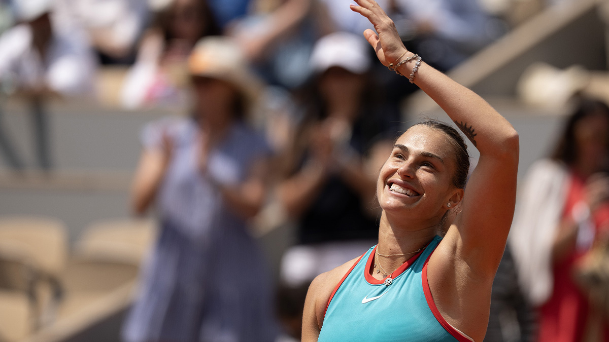 Aryna Sabalenka celebrates winning her match against Qinwen Zheng of China on day 10 at Roland Garros Stadium.