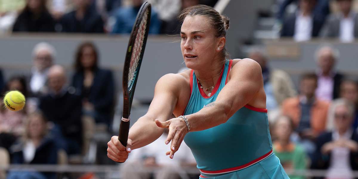 Aryna Sabalenka returns a shot during the womenÕs singles final against Coco Gauff of the United States on day 14 at Roland Garros Stadium.