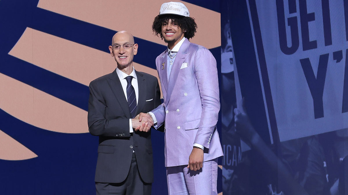 Asa Newell stands with NBA commissioner Adam Silver after being selected as the 23rd pick by the New Orleans Pelicans in the first round of the 2025 NBA Draft at Barclays Center.