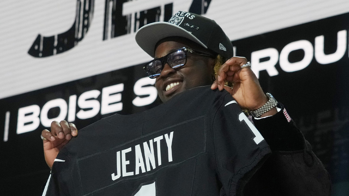 Apr 24, 2025; Green Bay, WI, USA; Boise State Broncos running back Ashton Jeanty is selected by the Las Vegas Raiders as the number six pick in the first round of the 2025 NFL Draft at Lambeau Field. Mandatory Credit: Kirby Lee-Imagn Images. Jeanty could be pushed by Raheem Mostert.