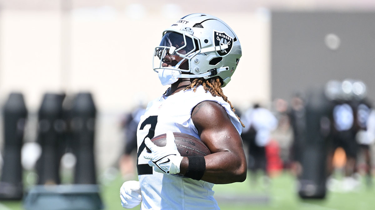 Las Vegas Raiders running back Ashton Jeanty (2) runs through a drill during Las Vegas Raiders Minicamp at Intermountain Health Performance Center.