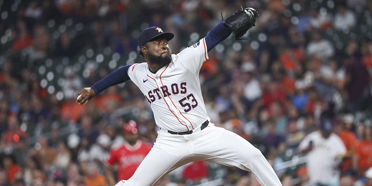 Houston Astros starting pitcher Cristian Javier (53) delivers a pitch during the second inning against the Los Angeles Angels at Minute Maid Park.