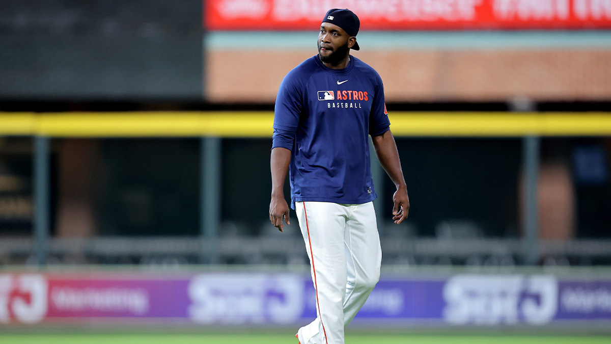 Houston Astros left fielder Yordan Alvarez (44) works out prior to the game against the Philadelphia Phillies at Daikin Park.