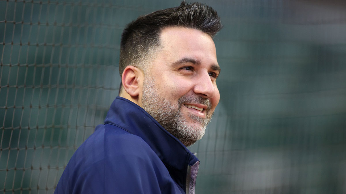 Atlanta Braves general manager Alex Anthopoulos watches a workout before the NLDS against the Philadelphia Phillies at Truist Park.