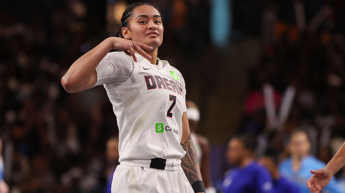 Atlanta Dream guard Te-Hina Paopao (2) reacts after a basket against the Chicago Sky in the fourth quarter at Gateway Center Arena at College Park. Howard, Hull, Burke