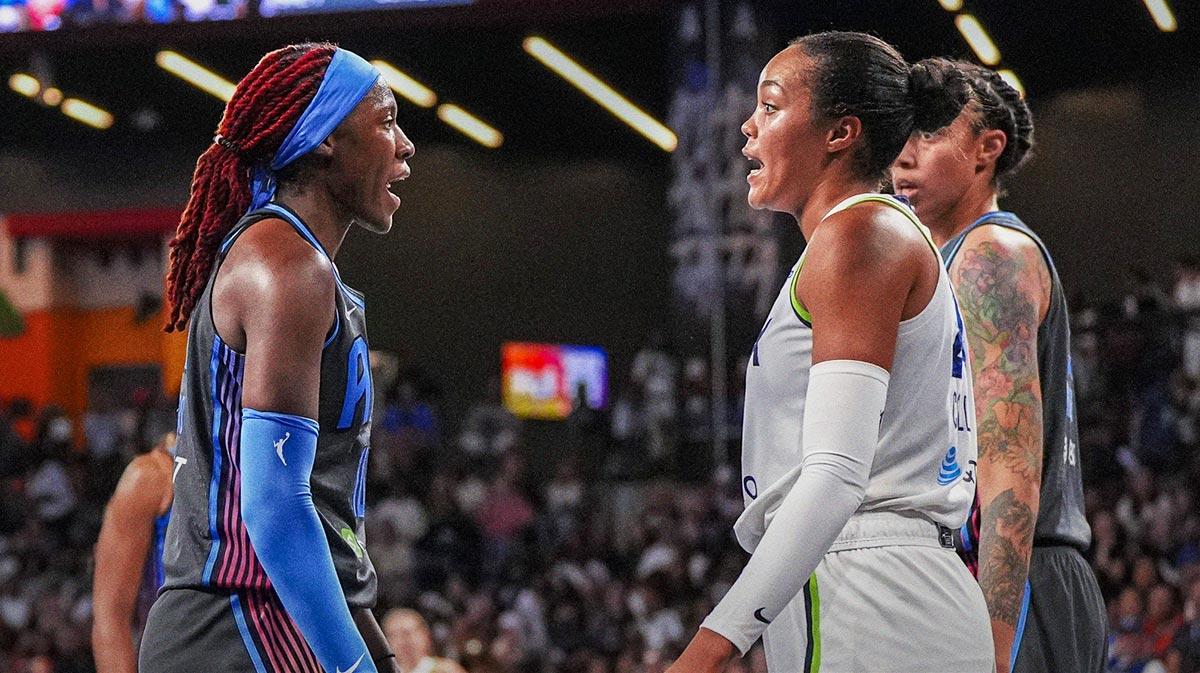 Minnesota Lynx forward Napheesa Collier (24) and Atlanta Dream guard Rhyne Howard (10) confront each other after a foul during the second half at Gateway Center Arena at College Park.