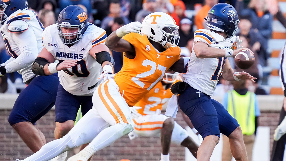 Tennessee defensive lineman James Pearce Jr. sacks UTEP quarterback JP Pickles during a college football game between Tennessee and UTEP at Neyland Stadium in Knoxville, Tenn., on Saturday, Nov. 23, 2024.