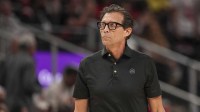 Atlanta Hawks head coach Quin Snyder shown during a time out during the game against the Miami Heat during the first half at State Farm Arena.