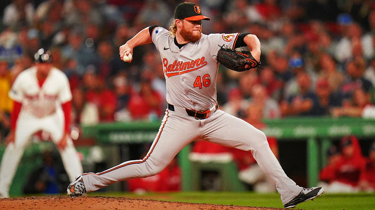 Baltimore Orioles relief pitcher Craig Kimbrel (46) throws a pitch against the Boston Red Sox in the seventh inning at Fenway Park.