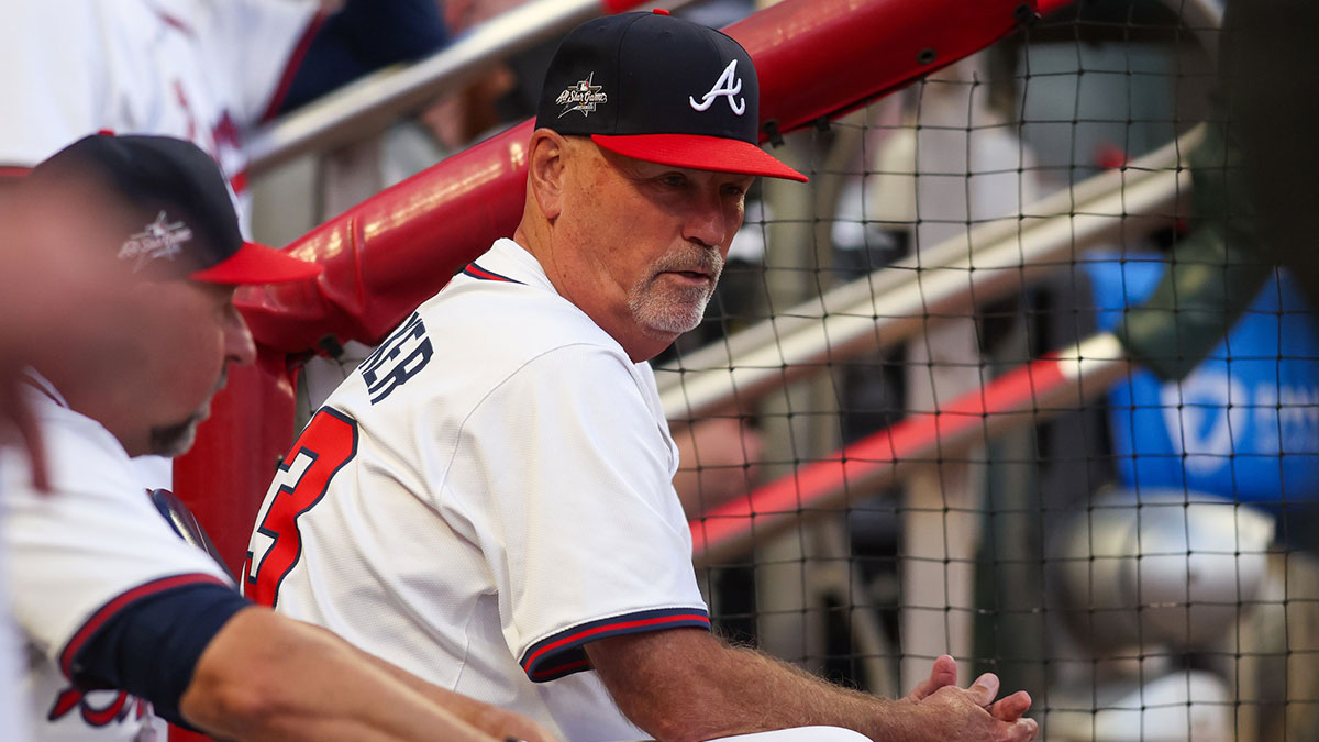 Jun 19, 2025; Atlanta, Georgia, USA; Atlanta Braves manager Brian Snitker (43) in the dugout against the New York Mets in the fifth inning at Truist Park. Mandatory Credit: Brett Davis-Imagn Images. Snitker and the braves are calling up prospect Didier Fuentes for the start friday.
