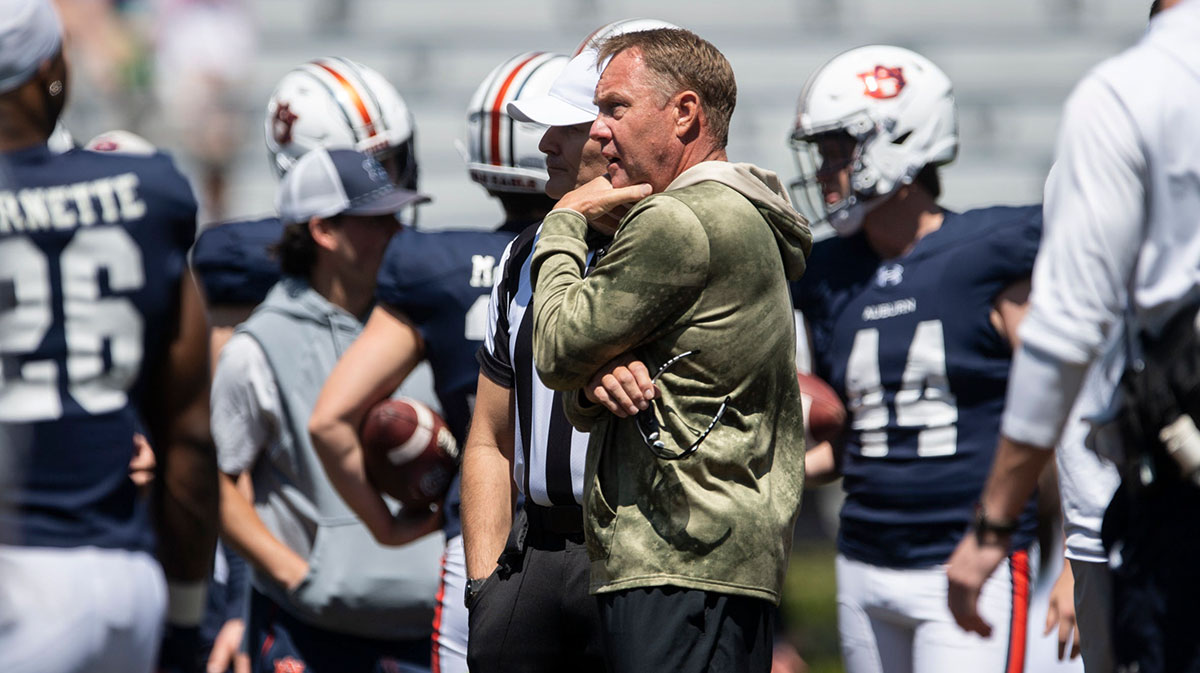 Auburn Tigers head coach Hugh Freeze watches on during Auburn Tigers A-Day football practice at Jordan-Hare Stadium in Auburn, Ala., on Saturday, April 12, 2025.