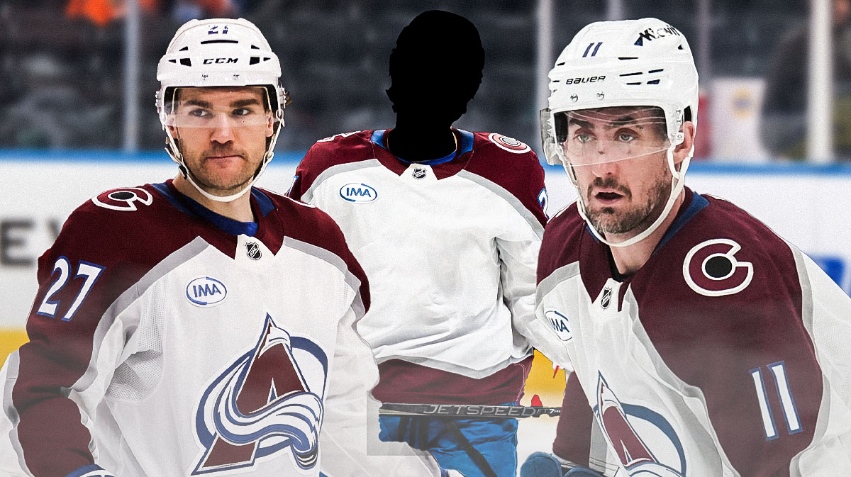 Brock Nelson and Jonathan Drouin in image, one silhouetted Colorado Avalanche player (no C or A on jersey), hockey rink in background
