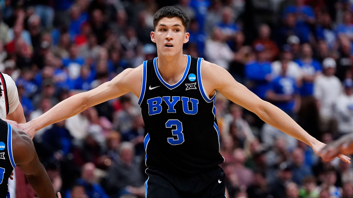 Brigham Young Cougars guard Egor Demin (3) reacts against the Wisconsin Badgers during the second half in the second round of the NCAA Tournament at Ball Arena.