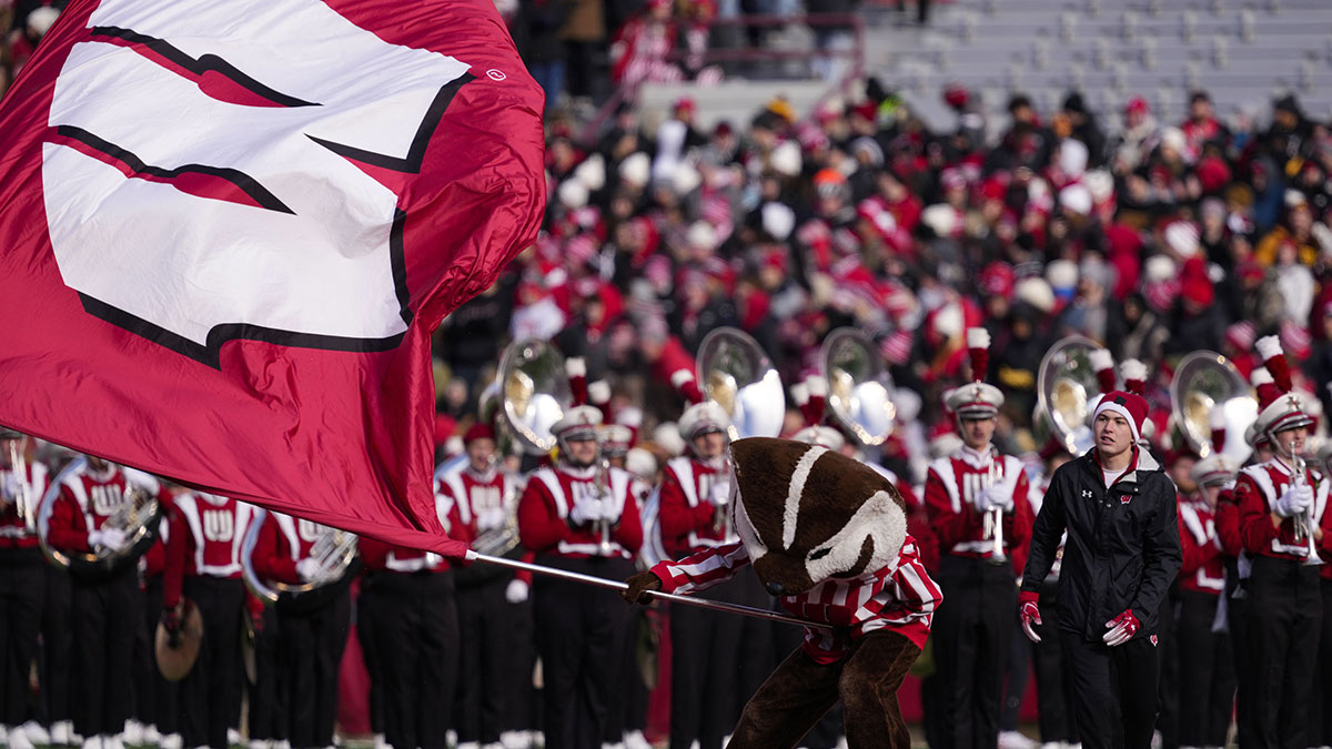 Nov 29, 2024; Madison, Wisconsin, USA; Wisconsin Badgers mascot Bucky Badger performs prior to the game against the Minnesota Golden Gophers at Camp Randall Stadium. Mandatory Credit: Jeff Hanisch-Imagn Images