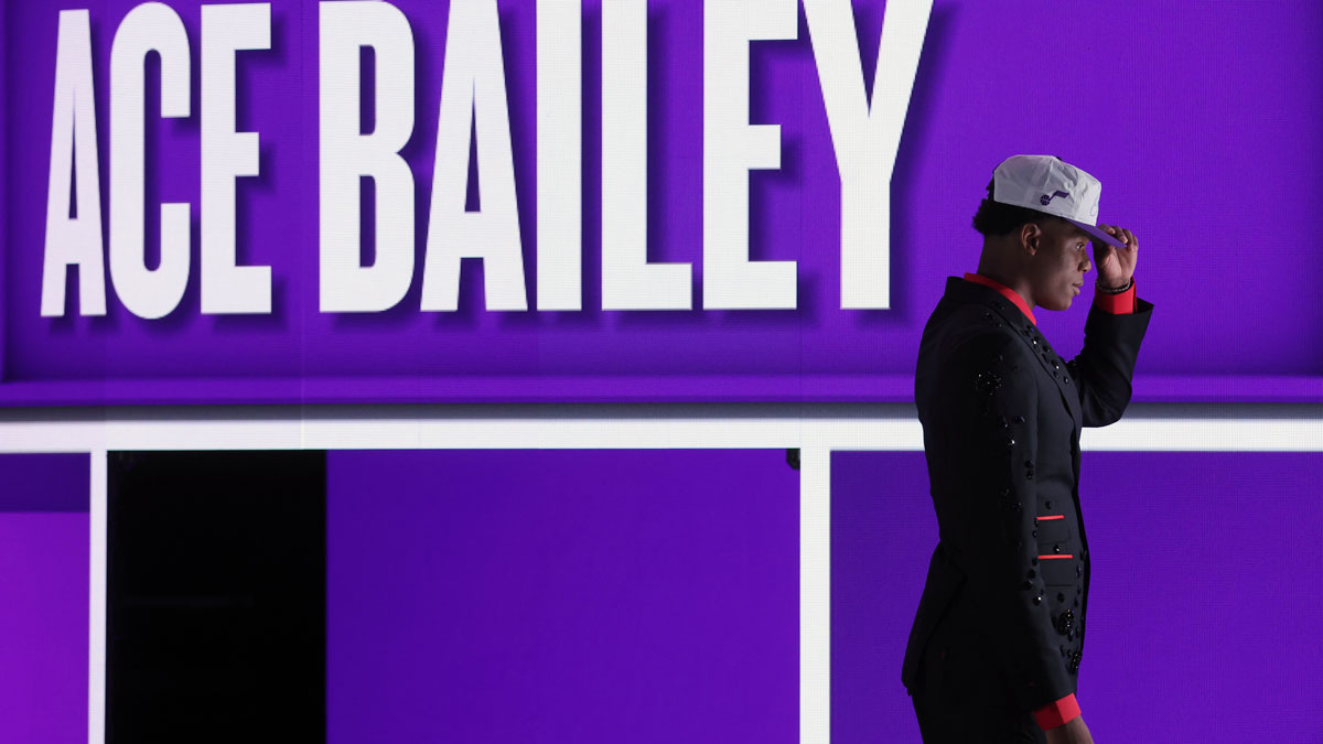 Ace Bailey looks on after being selected as the fifth pick by the Utah in the first round of the 2025 NBA Draft at Barclays Center.