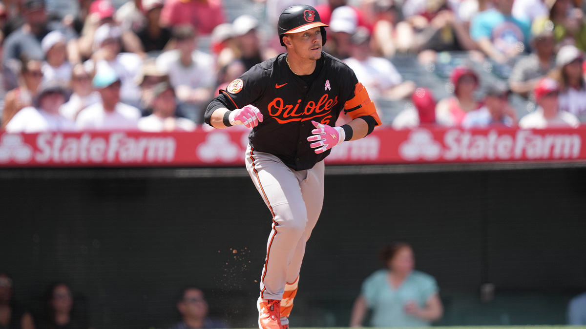 Baltimore Orioles first baseman Ryan Mountcastle (6) hits a run-scoring single in the fifth inning against the Los Angeles Angels at Angel Stadium.