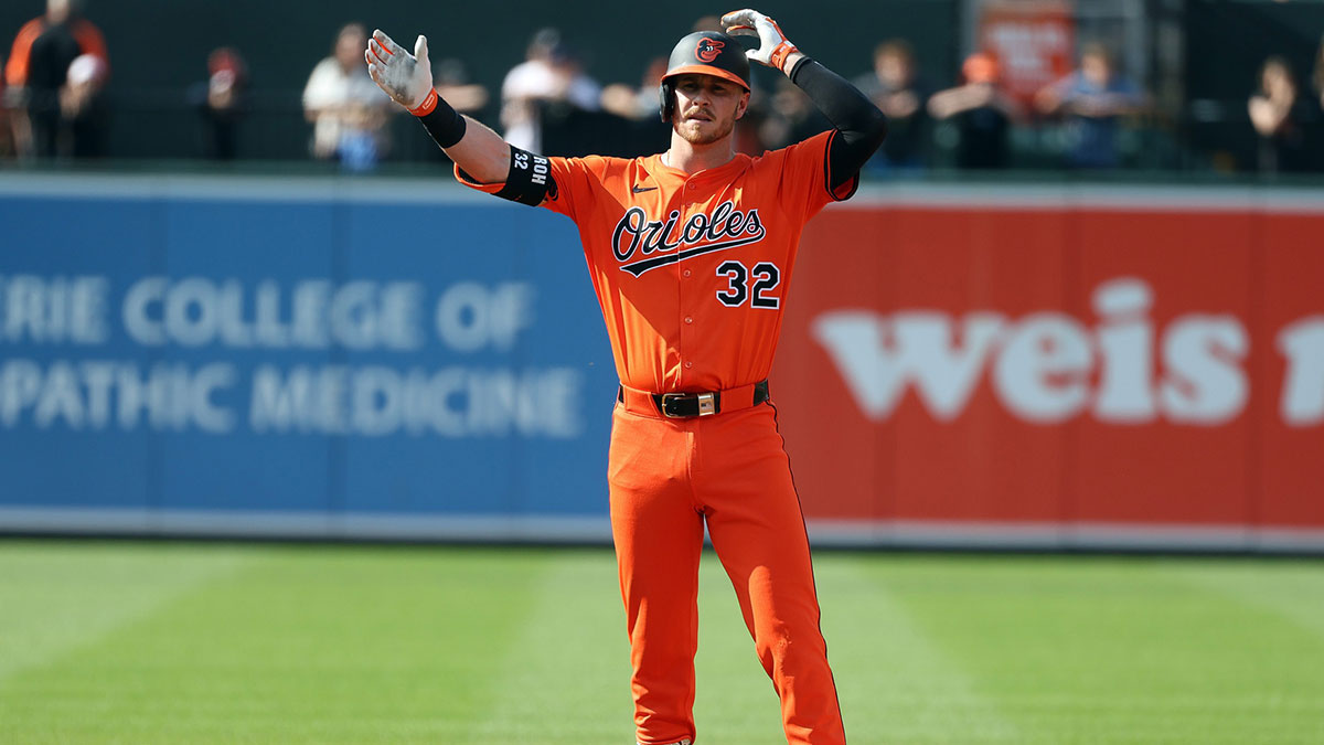 Baltimore Orioles outfielder Ryan O'Hearn (32) celebrates after hitting a double during the fourth inning against the Chicago White Sox at Oriole Park at Camden Yards.