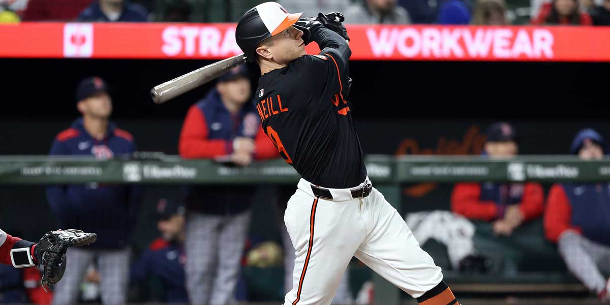 Baltimore Orioles outfielder Tyler O'Neill (9) takes a swing during the sixth inning against the Boston Red Sox at Oriole Park at Camden Yards.