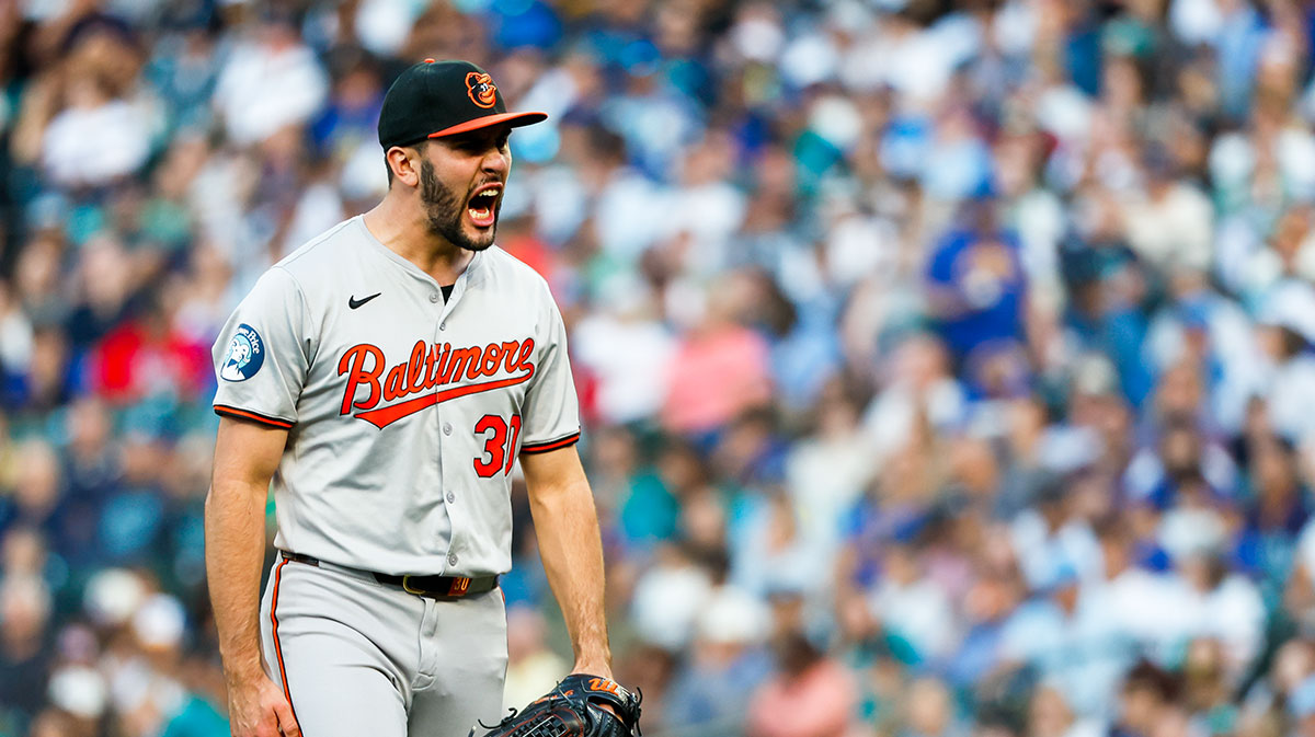 Baltimore Orioles starting pitcher Grayson Rodriguez (30) reacts following a strikeout against the Seattle Mariners to end the sixth inning at T-Mobile Park.