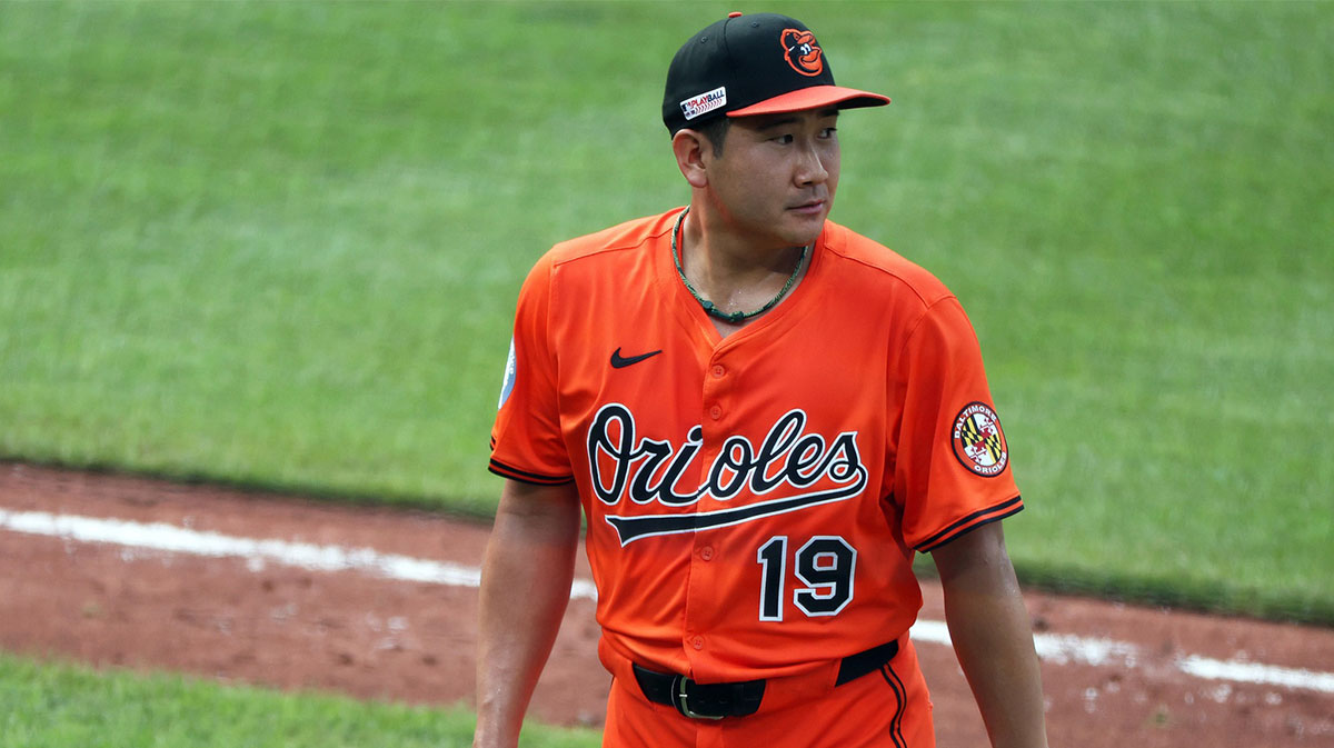 Baltimore Orioles pitcher Tomoyuki Sugano (19) walks off of the field during the fifth inning against the Los Angeles Angels at Oriole Park at Camden Yards. Urias