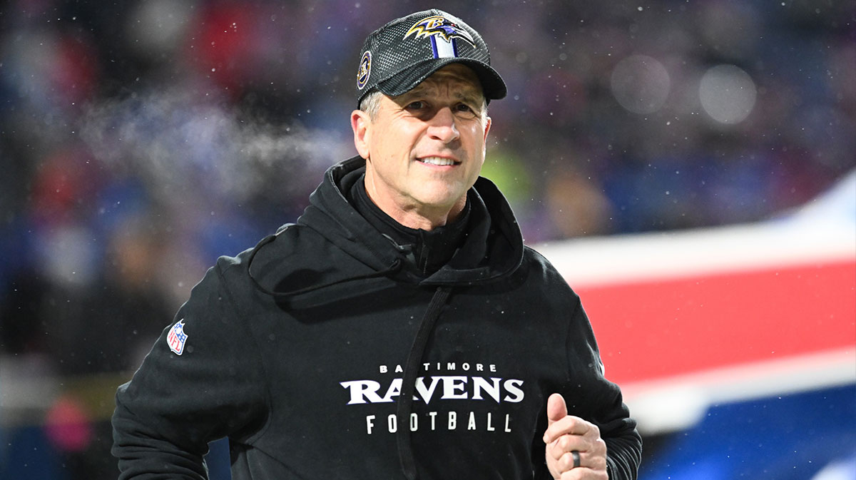 Baltimore Ravens head coach John Harbaugh takes the field before the game against the Buffalo Bills in a 2025 AFC divisional round game at Highmark Stadium.