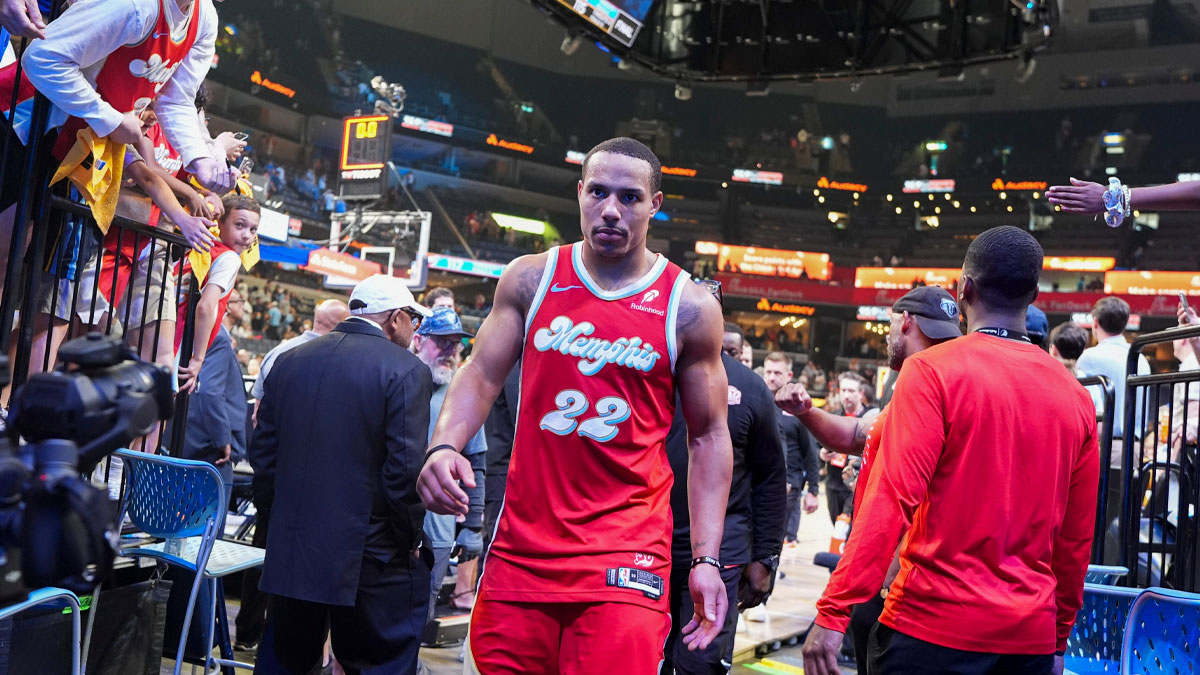 Grizzlies' Desmond Bane (22) walks off the court after the Thunder defeated the Grizzlies 117-115 in Game 4 to win the first-round NBA playoff series at FedExForum in Memphis, Tenn., on Saturday, April 26, 2025.