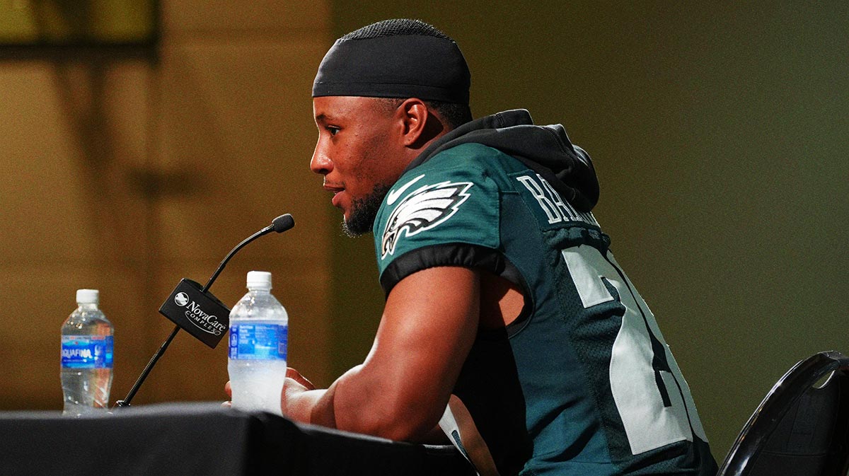 Philadelphia Eagles running back Saquon Barkley (26) addresses media during a press conference at NovaCare Complex.