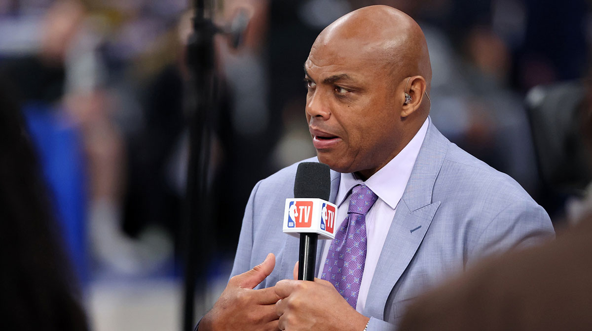 NBA TV analyst Charles Barkley talks on set before game three of the 2024 NBA Finals between the Boston Celtics and the Dallas Mavericks at American Airlines Center.