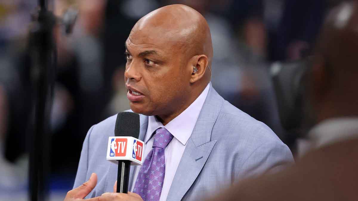 NBA TV analyst Charles Barkley talks on set before game three of the 2024 NBA Finals between the Boston Celtics and the Dallas Mavericks at American Airlines Center.