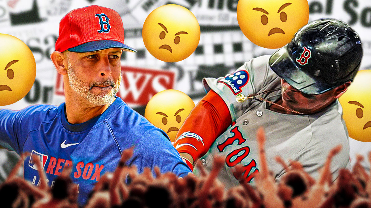 A newspaper as the background, Rafael Devers and Alex Cora on one side, a bunch of Boston Red Sox fans on the other side with angry emojis around them