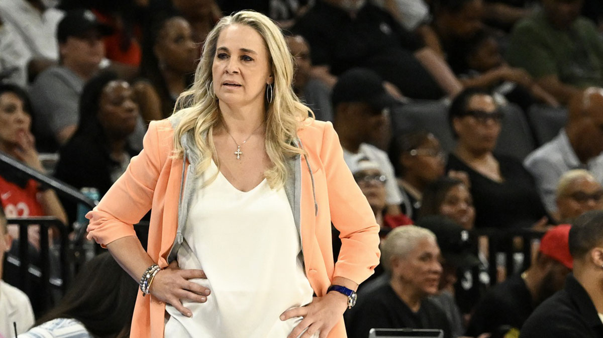Las Vegas Aces head coach Becky Hammon looks on in the first quarter of their game against the Los Angeles Sparks at Michelob Ultra Arena.