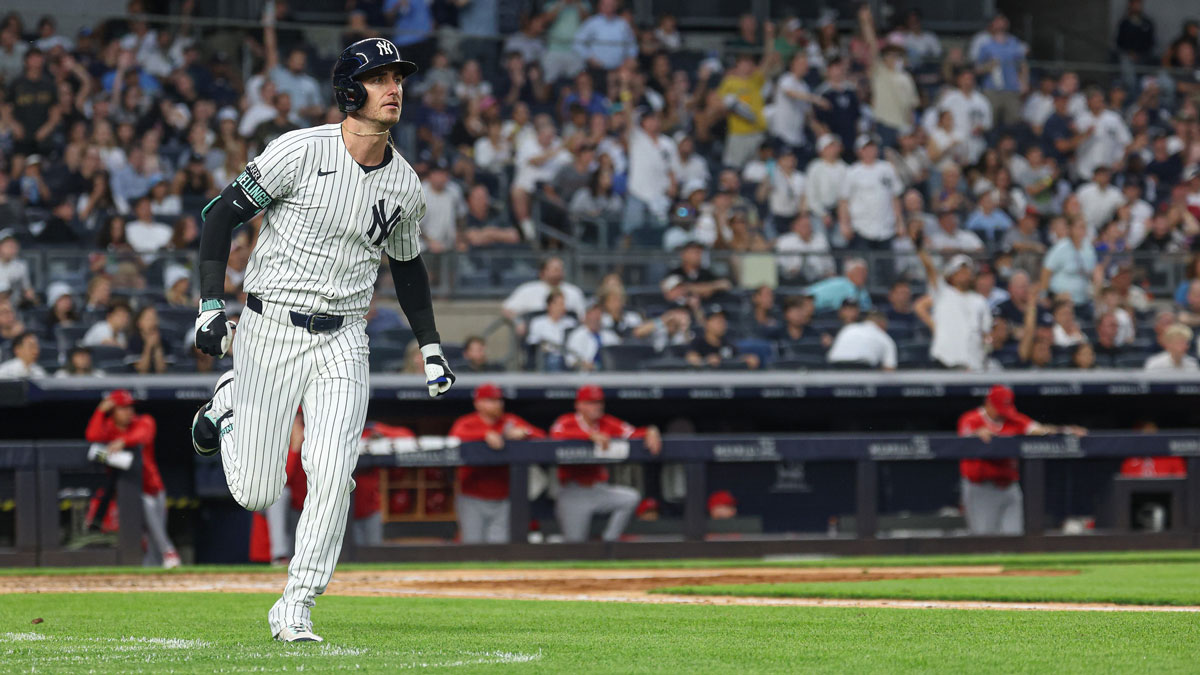 New York Yankees third baseman Cody Bellinger (35) hits a solo home run during the fourth inning against the Los Angeles Angels at Yankee Stadium.