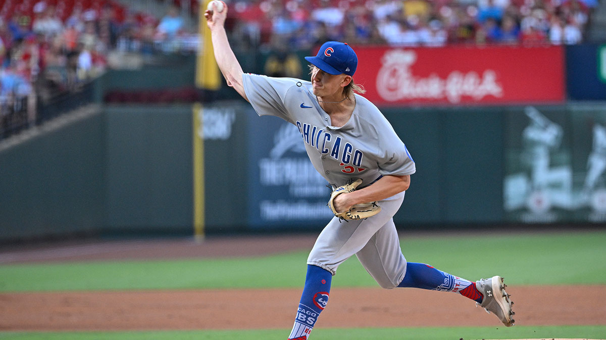 Chicago Cubs starting pitcher Ben Brown (32) delivers a pitch against the St. Louis Cardinals in the first inning at Busch Stadium.