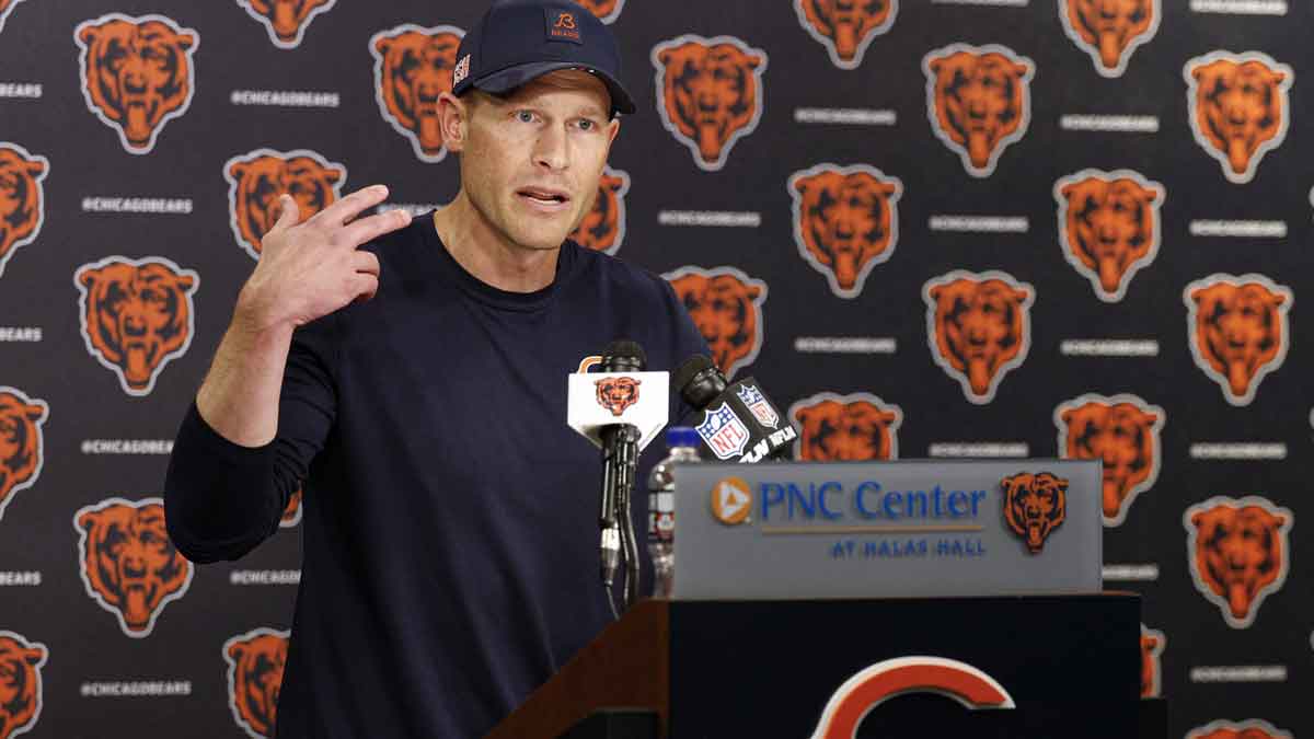 Chicago Bears head coach Ben Johnson speaks during minicamp at Halas Hall.