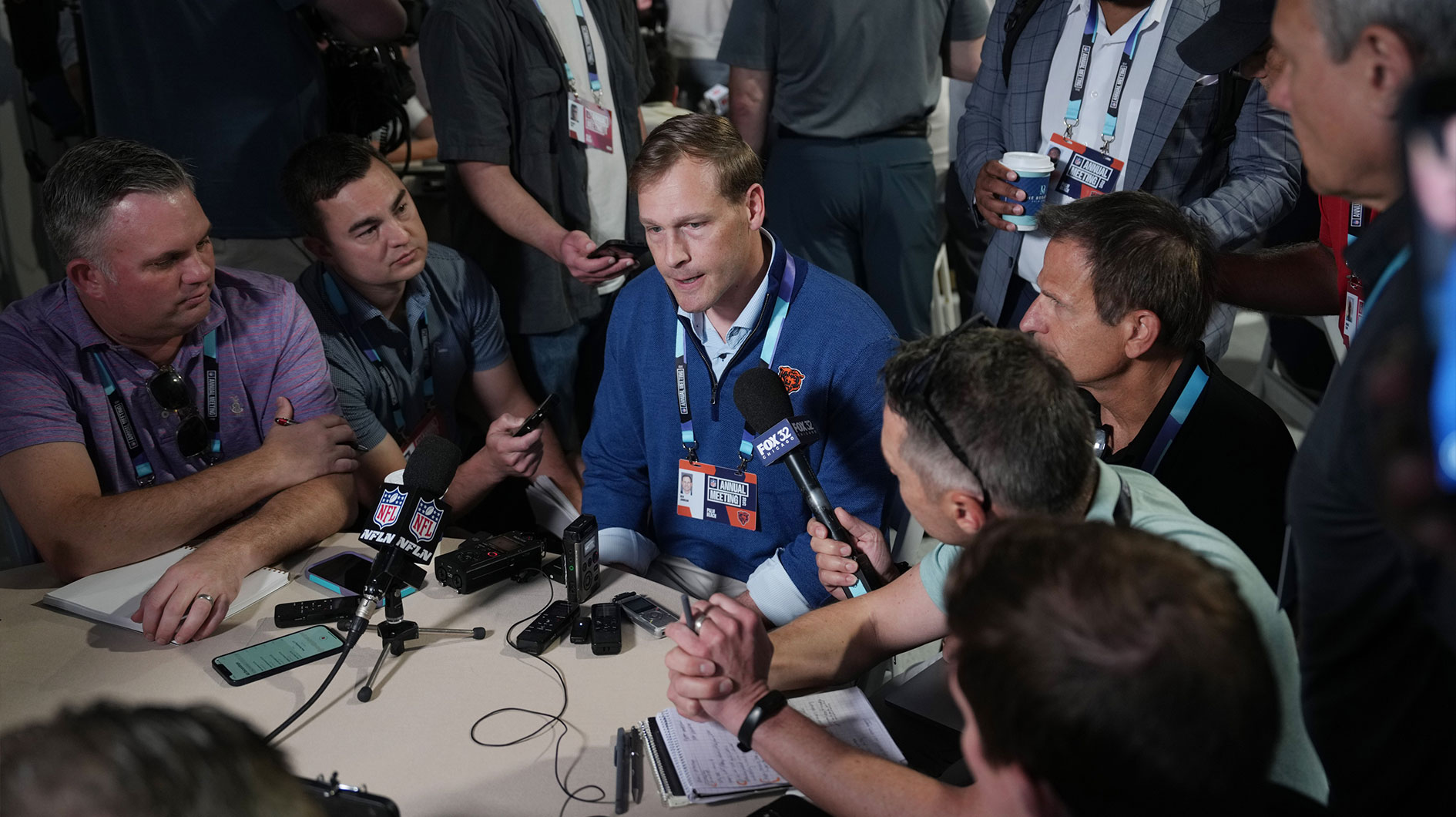 Chicago Bears head coach Ben Johnson answers questions from the media during the NFL Annual League Meeting.
