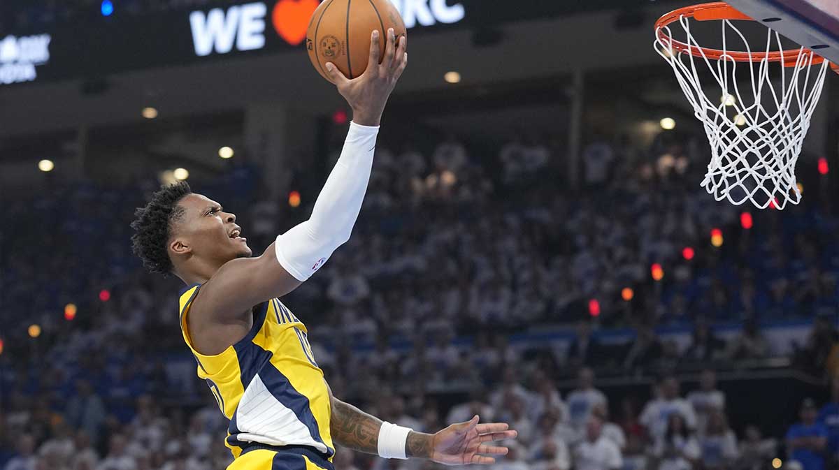 Indiana Pacers guard Bennedict Mathurin (00) shoots against the Oklahoma City Thunder during the second quarter of game five of the 2025 NBA Finals at Paycom Center.