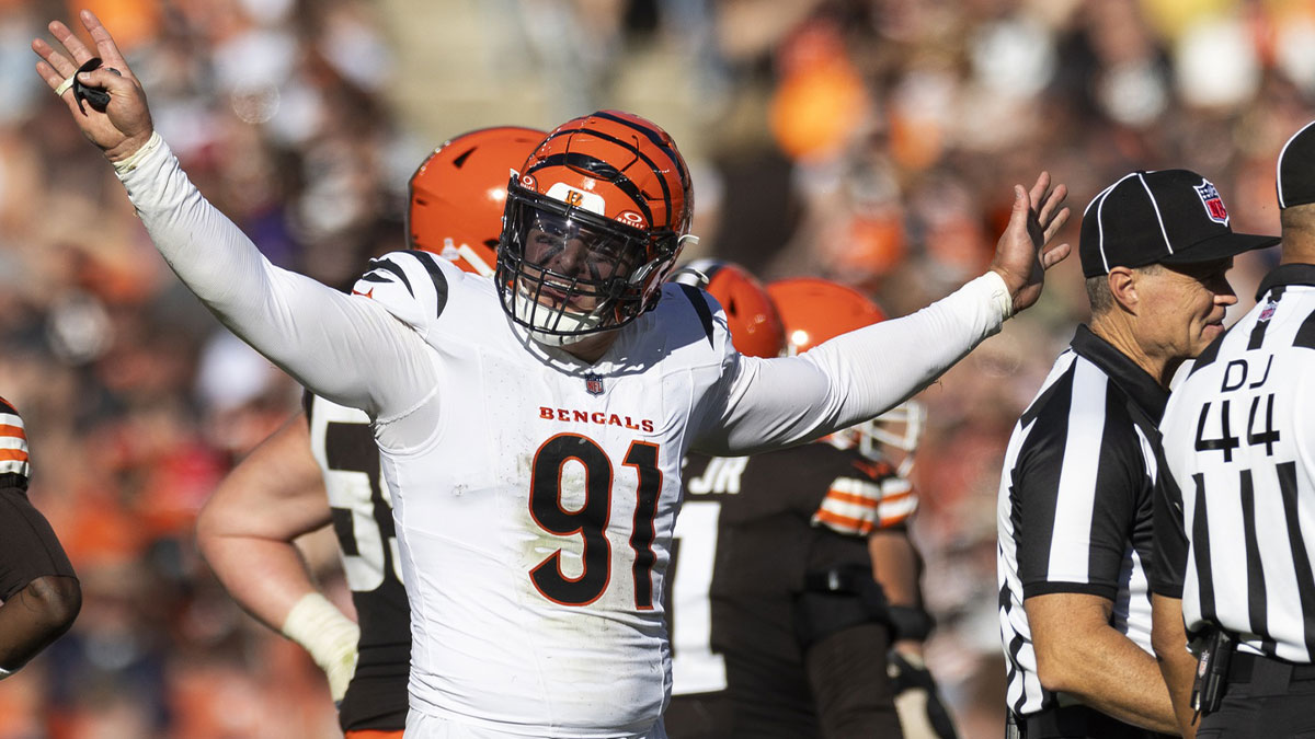 Cincinnati Bengals defensive end Trey Hendrickson (91) reacts following penalty flags being thrown during the fourth quarter against the Cleveland Browns at Huntington Bank Field. The penalties were against the Browns.