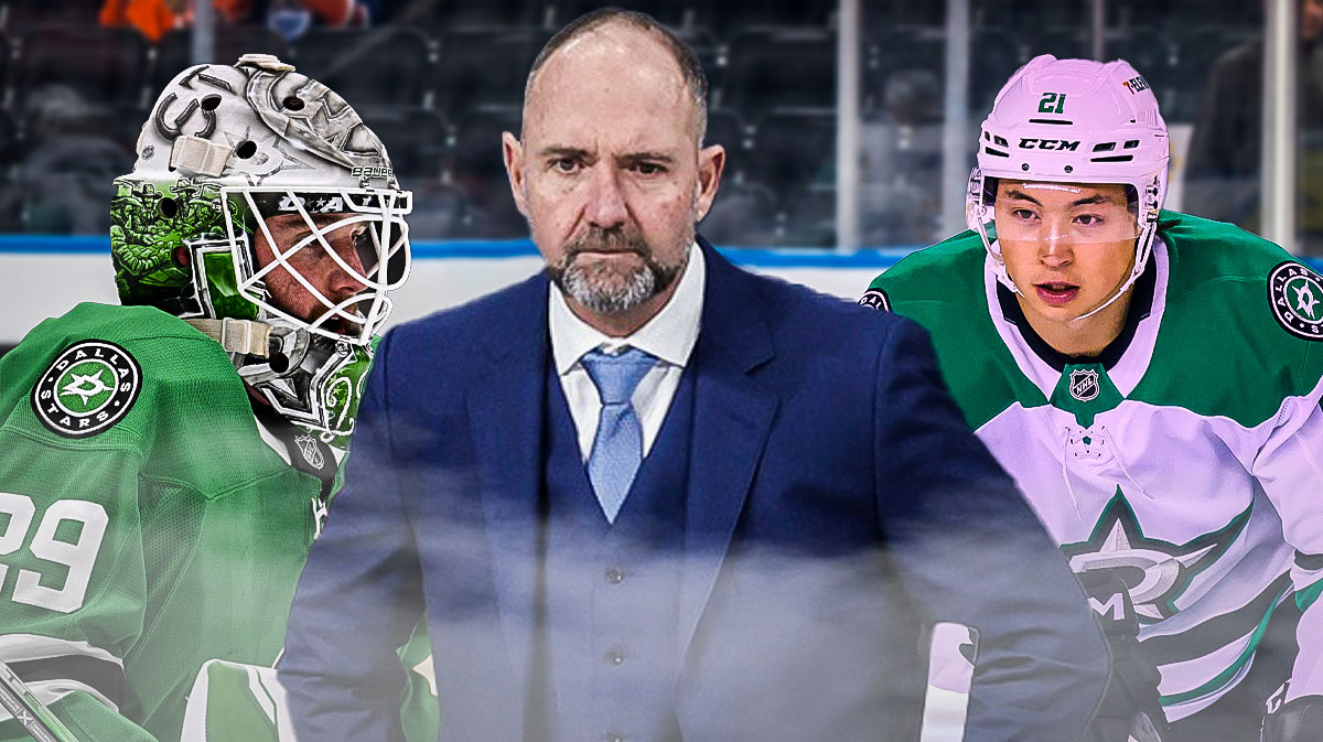 Pete DeBoer in middle. Jason Robertson behind to right. Jake Oettinger behind to left