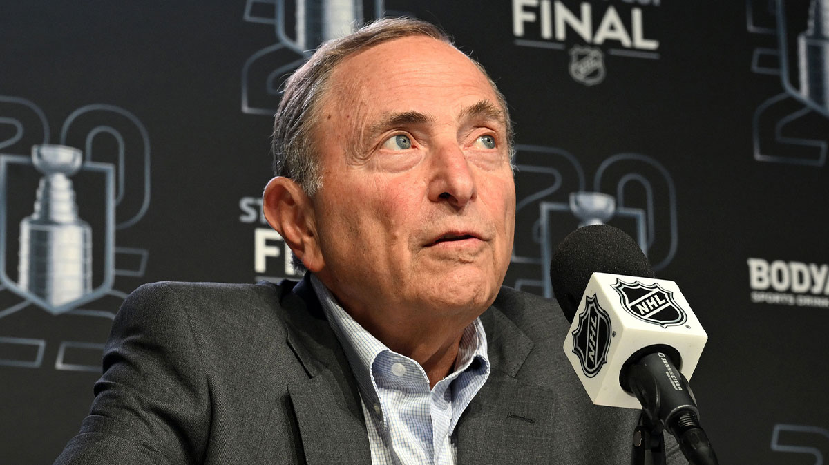 National Hockey League commissioner Gary Bettman speaks to the media before game one of the 2025 Stanley Cup Final between the Florida Panthers and the Edmonton Oilers at Rogers Place.