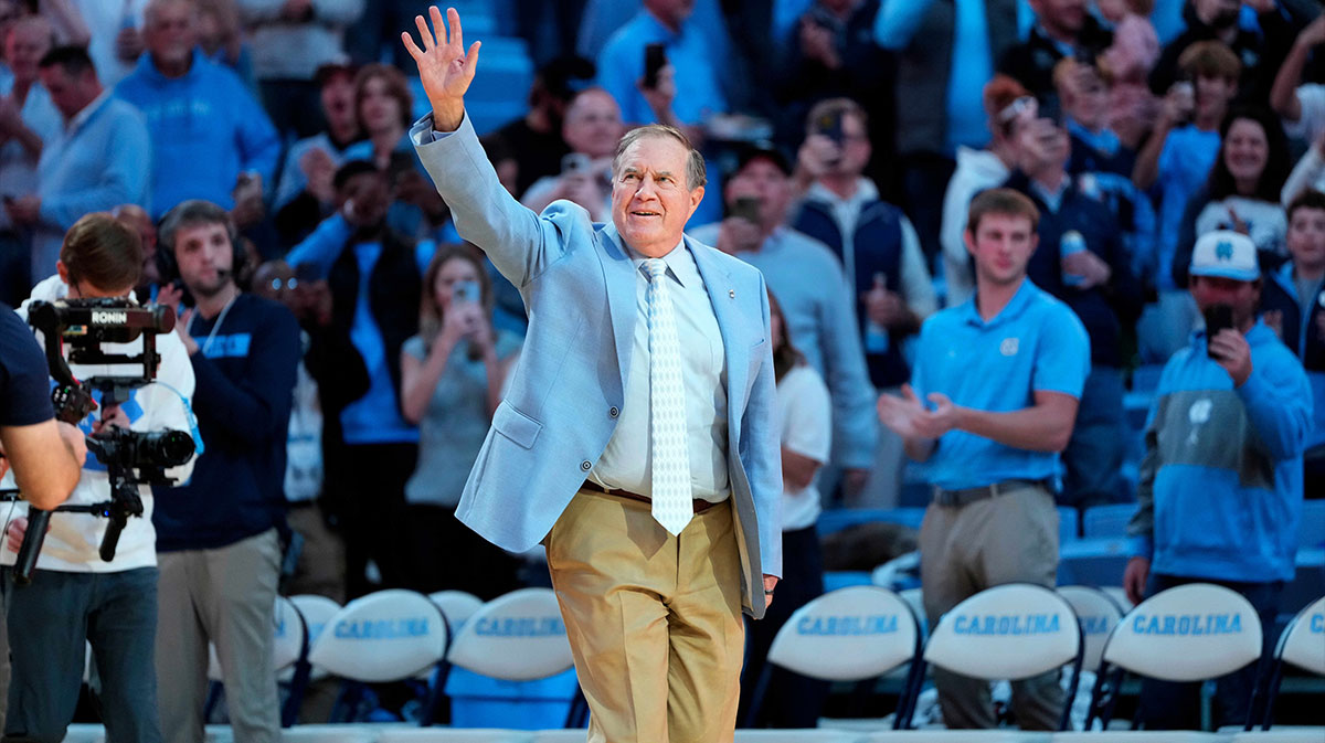 Bill Belichick, who went viral for his infamous CBS interview where his girlfriend Jordon Hudson got involved, at North Carolina game.